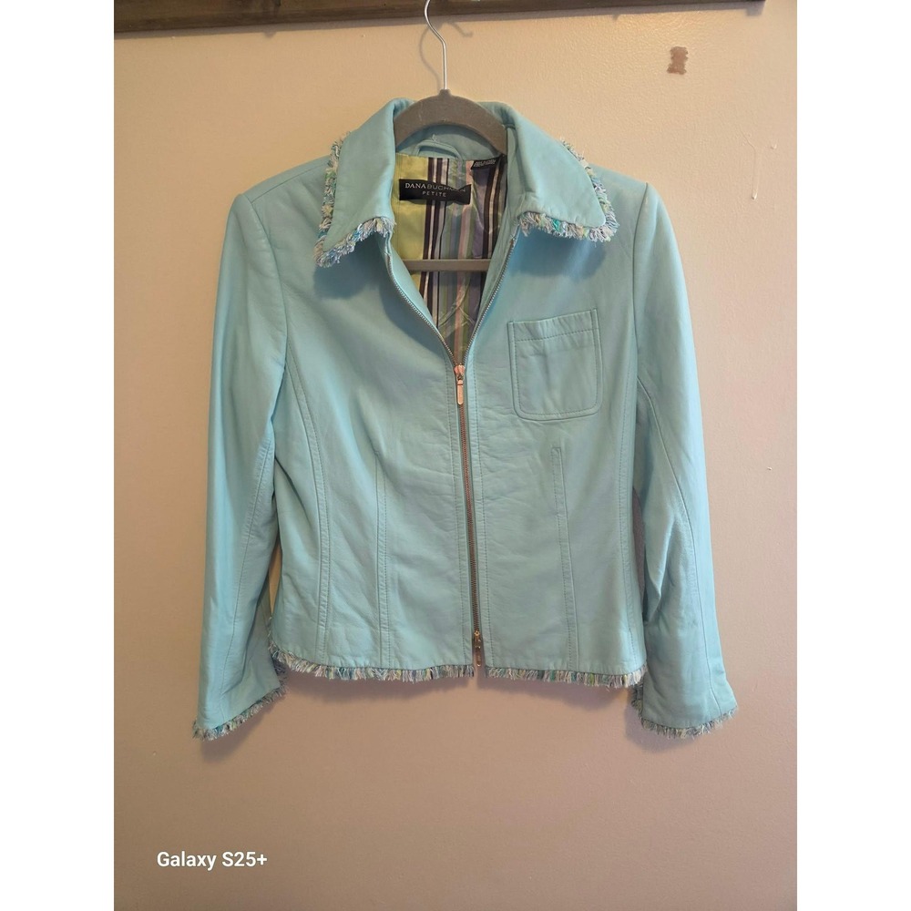 Dana Buchman Leather Jacket Womens 8P Blue Excellent Fringe Zip DBPU9609